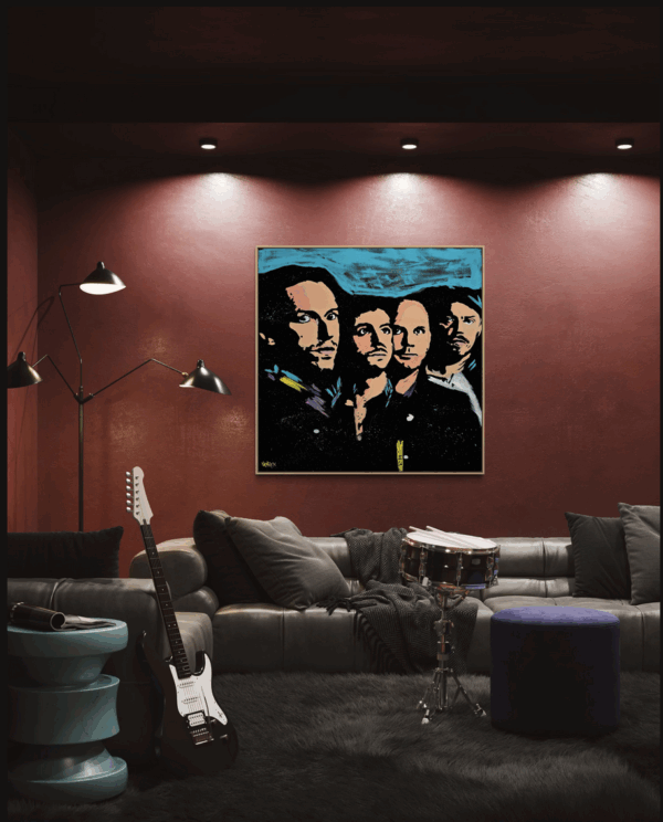 Henrix original artwork featuring Coldplay band members, painted in tones of blue, black, and peach.
